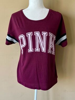 PINK by Victoria’s Secret Small Maroon Shirt Top Black Silver Glitter Sleeves